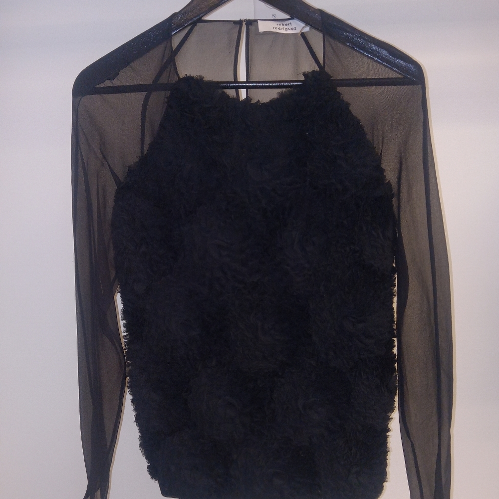 Robert Rodriguez Black Floral-Textured Sheer-Sleeve Pullover